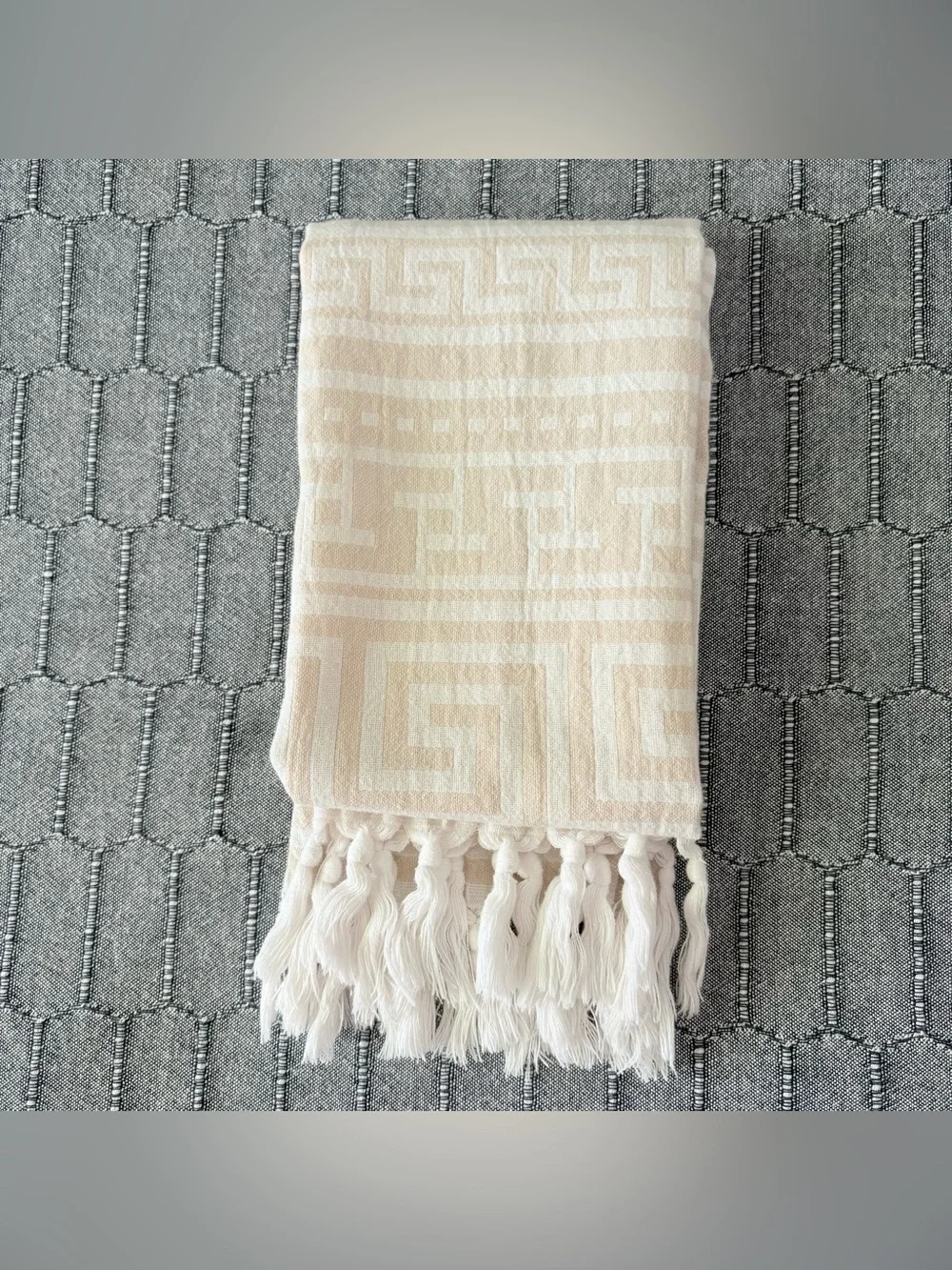 Turkish Cotton Hand Towel Greek Key Beige White Fringe Neutral‎ Fast Drying